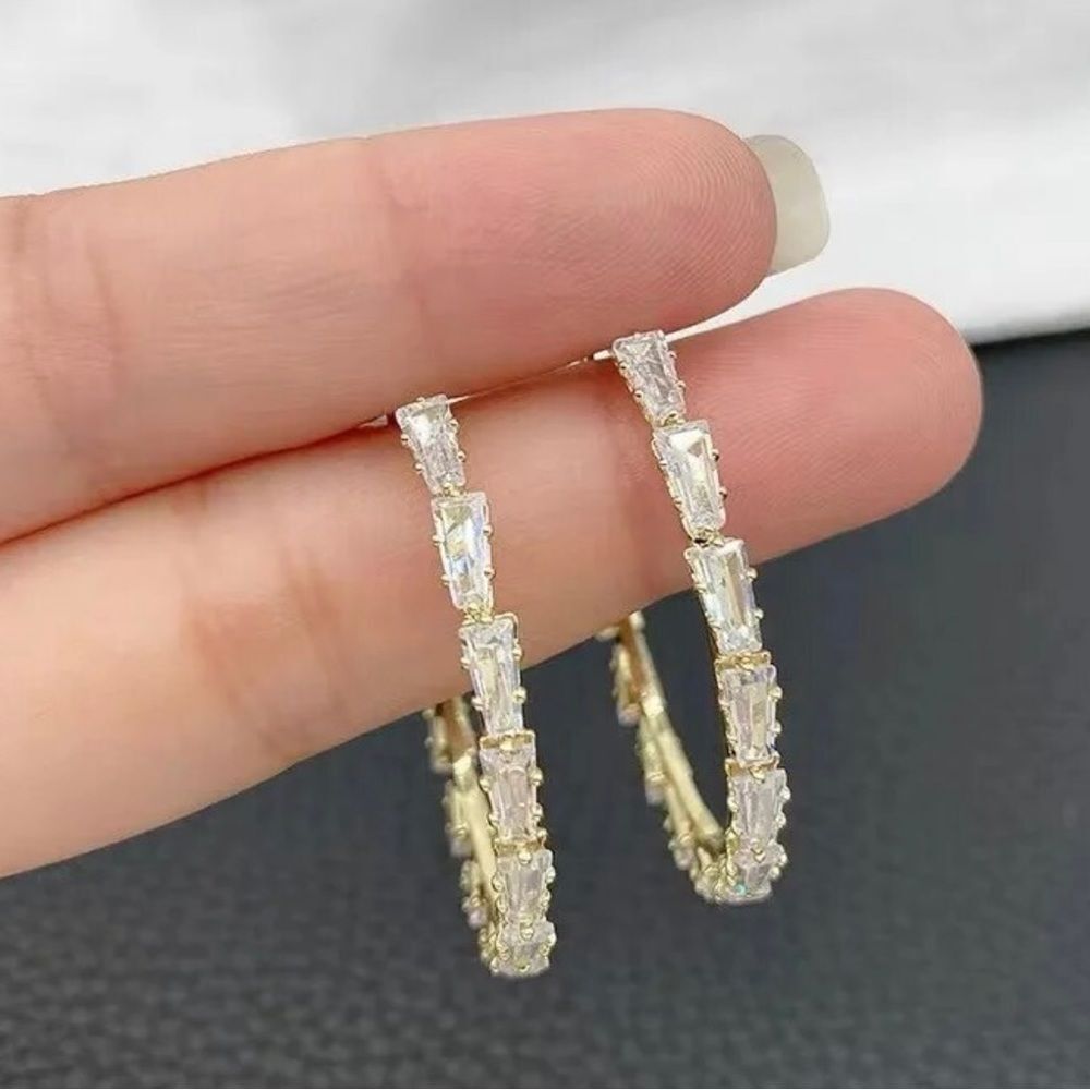 No big 2” rhinestone & CZ baguette gold hoop earrings statement Bling gift